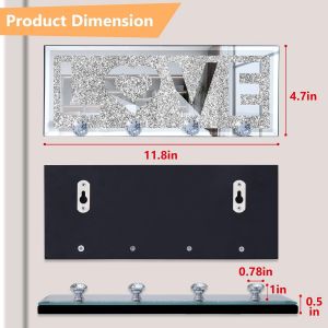 Porte Clef Mural Miroir,Porte-Cl&eacute;s Mural Bling Avec 4 Crochets En Cristal,Accroche Clef,Support De Porte-Cl&eacute;s D&eacute;coratif Pour Entr&eacute;e,Couloir,Cuisine,Bureau,Argent - Neuf