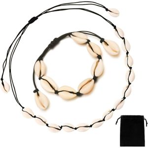 Kal-Set De Bracelet Collier De Coquillages, 2 Pi&egrave;ces Collier De Coquillages Naturels Collier De Coquillages Bracelet R&eacute;glable Pour Dames Filles Bijoux De Plage &Eacute;t&eacute; Plage Bijoux - Neuf