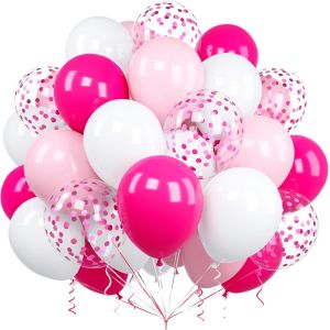 Pink White Balloons, 60 Pieces 12 Inch Pink Pastel Hot Pink Matte Confetti Latex Balloon With Ribbon For Children Girls Women Birthday Party Baby Shower Wedding Christening Decoration - Neuf