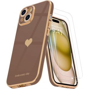 Kal-Coque Compatible Avec Iphone 15 Plus + 2 Films De Protection D'écran, Coque Pour Fille, Coque De Protection D'appareil Photo Galvanisée Pour Iphone 15 Plus, Désert Doré - Neuf