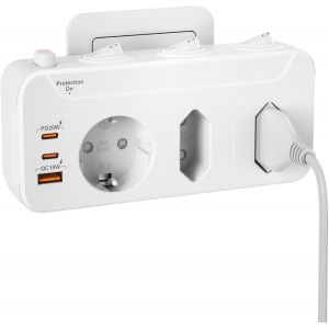 Multiprise Murale 3 Prises,Multiprise Avec Interrupteur Individuel,Triplite Electrique 1 Schuko 2 Prises Euro,Multiprise Parafoudre Et Surtension Bloc Prise Multiple Usb Sécurité Enfant Intégrée,Blan - Neuf