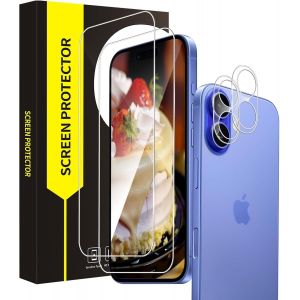 Kal-Lot De 2 Films De Protection D'écran En Verre Blindé Pour Iphone 16 5g + 2 Protections D'appareil Photo, Dureté 9h, Haute Sensibilité, Couverture 2,5d, Pas De Bulles, 0,33 Mm De Haute - Neuf