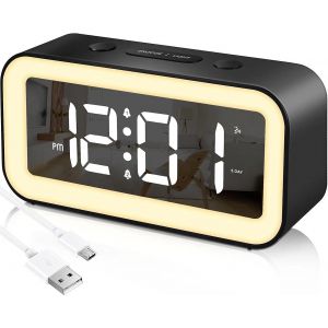 Réveil numérique avec veilleuse 0-100 % luminosité réglable miroir électronique LED numérique Cloc - Neuf
