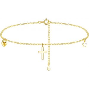 Kal-Bracelet De Cheville En Argent Sterling 925 Pour Femme - Flexible Et R&eacute;glable - Cha&icirc;ne En Forme De Croix, Coeur, &Eacute;toile, Lune, &Eacute;tanche - Pour L'&eacute;t&eacute; - Pieds Nus - Plage - Neuf