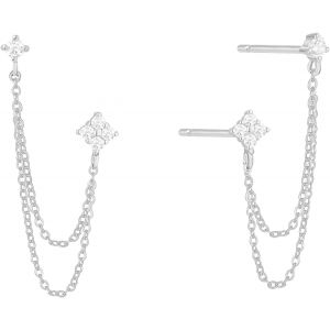 Kal-Boucles D'oreilles Chaîne Pour Femmes - 925 Sterling Silver Four Zircon Flowers Boucles D'oreilles Double Chaîne Frange Piercing Boucles D'oreilles Les Femmes Bijoux Cadeau - Neuf