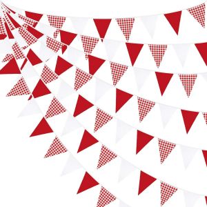10M / 32Ft Rouge Blanc Plaid Décorations De Fête Fanion Guirlande À Rouge Carreaux Banderoles Vichy Drapeau Tissu Triangle pour Noël Mariage Anniversaire Pique-Nique Fête Festivals Décor - Neuf