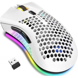 Souris de Jeu sans Fil, Souris d'ordinateur avec Plaque en nid d'abeille, 7 Boutons programm&iquest;&iquest;s, 3 DPI r&iquest;&iquest;glables, r&iquest;&iquest;cepteur USB, Souris de Jeu Portable Ergonomique RGB pour PC (Dual Mode-White) - Neuf