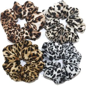 Lot De 4 Chouchous En Tissu &Eacute;lastique Pour Femme - Motif L&eacute;opard - Multicolore - Motif L&eacute;opard - Pour Queue De Cheval - Pour Femmes Et Filles - Neuf