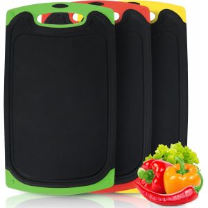 Planche A Decouper, Ensemble 3 Planches &Agrave; D&eacute;couper Plastique Antid&eacute;rapante Antibact&eacute;rien, Planche Cuisine Sans Bpa Avec Rainure De Jus Et Poign&eacute;es, Facile &Agrave; Nettoyer, Pour Viande, L&eacute;gume,Fruit (Noir - Neuf