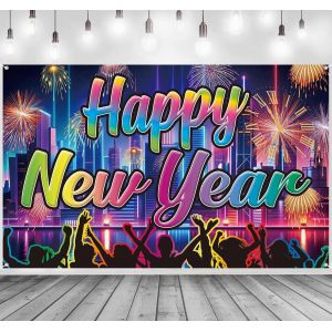 Décoration de Bonne Année Bannière Le Rainbow Nouvel An 2025,Happy New Year Bannière Coloré,Jour de l'An 2025 Nouvel An Bannière,Bonne Année Décoration Fournitures,180 * 110cm - Neuf
