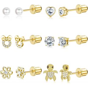 6paires Boucles D'oreilles Enfant Fille Femme Acier Inoxydable, Hypoallergéniques Cz Cartilage Clou Oreille Lot, Rose Boule Coeur Fleur Vissé Dos Tragus Boucle D'oreille Bijoux - Neuf