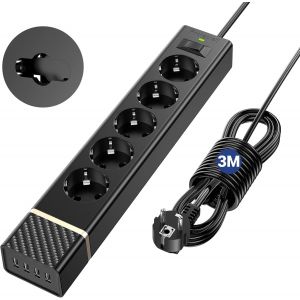 TYE-Multiprise Parafoudre avec 5 Prises et 4 USB, Multiprise Electrique 3M Câble, Prise Multiple avec Interrupteur, Bloc Multiprise pour Smartphone, Maison, Bureau (Noir) 2400W/10A, 1700J - Neuf