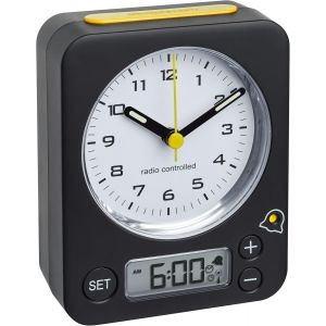 R&eacute;veil Combo, 60.1511.01.07, Horloge Radio-pilot&eacute;e analogique avec fuseaux, Heure de r&eacute;veil-num&eacute;rique, particuli&egrave;rement r&eacute;veille-Matin Silencieux, r&eacute;tro&eacute;clairage, Noir-Jaune - Neuf
