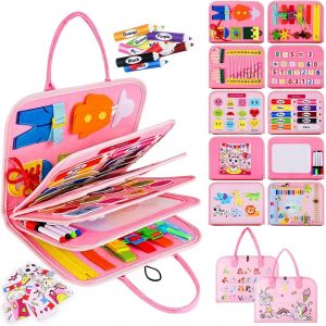 Busy Board Montessori Toy for Children 1 2 3 4 Years Old 10 in 1 Montessori Games Educational Activity and Development Toys,Travel Toys for Children,Gift for Boy Girl,Pink - Neuf