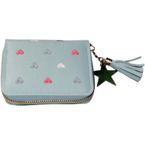 CAUC-Petit portefeuille pour femme - Broderie coeur mignon - En cuir synthétique souple - Pour enfants et filles - Avec glands zippés - Compartiment à monnaie et compartiments pour cartes, bleu, 11,5 - Neuf