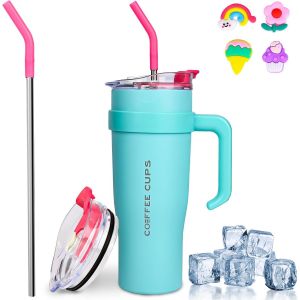 Sjzg-40oz Mug Isotherme, 1182ml Sans Bpa Tasse &Agrave; Caf&eacute; Acier Inoxydable, Caf&eacute; Avec Paille Et Poign&eacute;e, Double Isol&eacute;e Tasse Isotherme, Travel Mug Tumbler, Tasse Cafe Voyage (Bleu) - Neuf