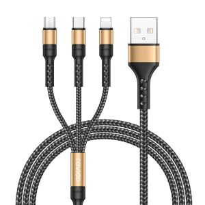 C&acirc;ble Multi USB, 3 en 1 C&acirc;ble Universel [1.2M] Multi USB C&acirc;ble de Chargement en Nylon avec Micro USB Type C Lightning C&acirc;ble pour iPhone, Samsung Galaxy S23, Huawei, Honor, OnePlus- Or - Neuf