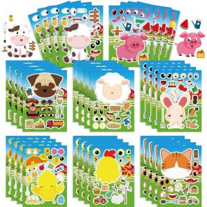 KALANKA-Lot de 24 autocollants à faire soi-même pour enfants, animaux de la ferme, cadeaux pour filles et garçons, feuilles d'autocollants d'animaux, décorations de fête d'anniversaire - Neuf