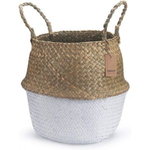 TIANYI-Panier Jonc De Mer Rangement Panier Plante Seagrass de Fleur Corbeille en Paille (Naturel + Blanc) - Neuf