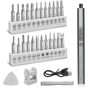 MEVRONISSHOP-Mini tournevis &eacute;lectrique sans fil 30 en 1 Tournevis de pr&eacute;cision avec LED R&eacute;glage du couple &agrave; 3 vitesses Tournevis 64 bits pour t&eacute;l&eacute;phone, montre, appareil photo, PC, &eacute;lectronique - Neuf