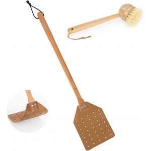 KALANKA-Tapette à Mouches en Cuir, Tapette à Mouches Robuste avec Brosse de Nettoyage Long Manche en Bois Portable Manuelle Tapette à Guêpes pour la Maison l'Intérieur et l'Extérieur (Brun) - Neuf