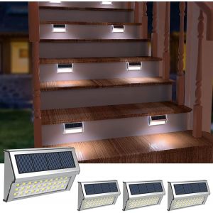 ¿Blanc Froid¿Lampes Solaires Escaliers Extérieurs, Lampe Solaire En Acier Inoxydable Avec Capteur De Lumière Et Marche/Arrêt Automatique, Pour Jardin, Patio, Garage, Marche, Escaliers (Pack De 4) - Neuf
