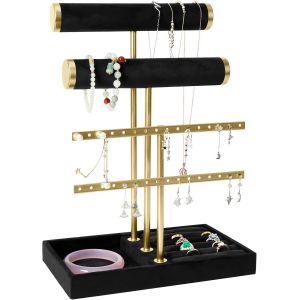 Pr&eacute;sentoir &Agrave; Bijoux &Agrave; 3 Niveaux, Organisateur De Bijoux Support Amovible En T, Porte Bijoux En Velours Porte Collier Pour Bracelets, Colliers, Montres, Bagues (Noir) - Neuf