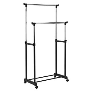Porte-manteau sur roulettes hauteur r&eacute;glable 84 x 43 x 168 cm gain de place pratique style moderne en m&eacute;tal argent et noir Helloshop26 20_0019371 - Neuf
