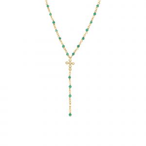 Collier Argent Dor&eacute; Cravate Croix Et Pierres Onyx Vert - Neuf