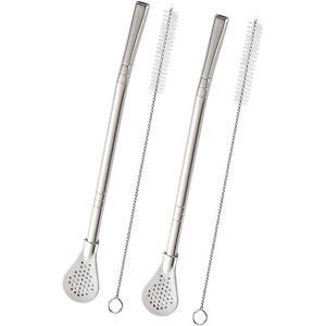 Yerba Mate Bombilla Pailles en acier inoxydable avec cuillère filtrante,pailles à thé détachables, s pour thé en vrac,café,boissons,avec 2 brosses de nettoyage,18,3 cm - Neuf