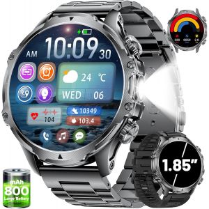 Montre Connect&eacute;e Homme Militaire avec 800mAh Batterie, Lampe De Poche, 1,85"" Grande &Eacute;cran, 107 Modes Sportifs, &Eacute;tanche IP68 Fr&eacute;quence Cardiaque/SpO2/Sommeil Smartwatch pour Android iOS - Neuf
