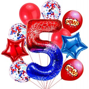MEVRONISSHOP-Ballon Decoration Anniversaire Araign&eacute;e, 10 Pi&egrave;ces Spider Ballons en Aluminium, &Eacute;toiles Ronds Chiffres Ballons, Ballon Aluminium Rouge Bleu pour Enfants D&eacute;corations de F&ecirc;te &agrave; Th&egrave;me (5 An - Neuf
