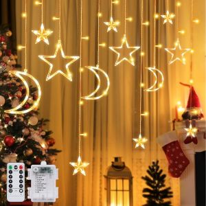 KAL-3.5M Étoiles Lune Rideau Lumières, Star Rideaux Lumières Rideau Lumineux Led Guirlande Lampe Décorative Guirlande Lumineuse Lumière Guirlande De Noël Led Étoile Lune Pour Rideau Décoration - Neuf