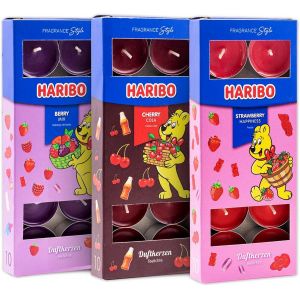 Haribo All Year Lot de 30 bougies chauffe-plat, parfum Berry Mix, Cherry Cola et Strawberry Happiness, bougies parfumées, durée de combustion de 4 à 6 heures, éclairage d'ambiance pour la maison - Neuf
