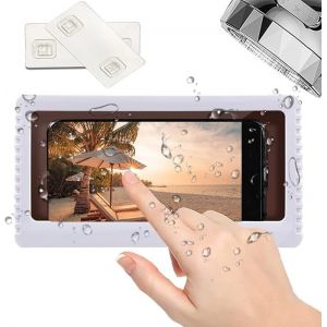 Support téléphone étanche pour bain et douche, mur, miroir, écran en verre, étui étanche pour téléphone dans les toilettes/cuisine, écran tactile (blanc) - Neuf