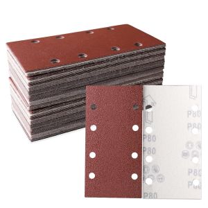 Lot de 30 feuilles abrasives 93 x 185 mm Papier abrasif carré auto agrippant 8 trous 80 grains Idéal pour ponçage, polissage et dérouillage Convient pour ponceuse rectangulaire - Neuf