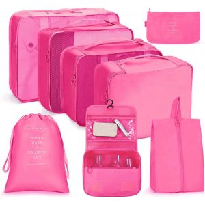 Organisateur De Voyage, Lot De 8 Organ Urs De Bagage Pour Voyage,Différents Tailles Des Cubes Étanche Sacs De Voyage Rangement (Rose Rouge) - Neuf