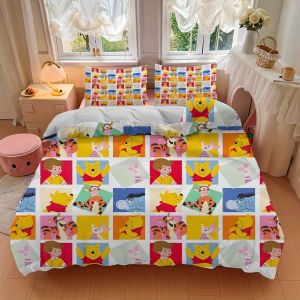Parure De Lit 3 Pieces À Imprime Dessin Anime Winnie L'ourson Douce Vous Assurant Un Sommeil Confortable Comprend 1 Housse De Couette Et 2 Taies D'oreiller, Pour Chambre Et Chambre - Neuf