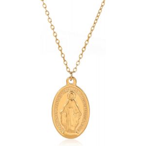Madonna Medal Pendant Necklace Stainless Steel Oval Shape Virgin Mary Religious Jewellery Communion Christening Gift - Neuf