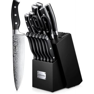 Mevronisshop-Couteau Cuisine, Bloc De Couteaux 14 Pi&egrave;ces Avec Aff&ucirc;teur Int&eacute;gr&eacute;, Bloc De Bois Noir, Couteaux Ciseaux, Acier Inoxydable, Manche Noir - Neuf