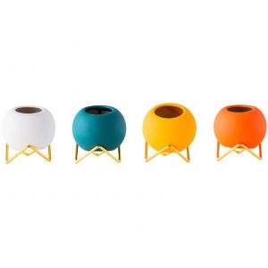 Lot De 4 Pots De Fleurs Sph&eacute;riques En C&eacute;ramique Avec Support En M&eacute;tal - Blanc, Bleu, Jaune, Orange - Neuf