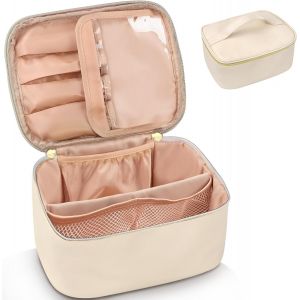 MAA-Grande Trousse de Toilette Femme Voyage, 25x17x12 cm Trousse Maquillage Femme avec Poignée, Étanche Portable Trousse Toilette avec Pochette pour Brosses et Séparateur (Beige) - Neuf