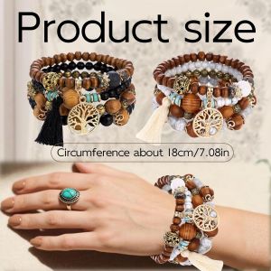 2 Pi&egrave;ces Lot Bracelet Femme Bijoux Femme Bracelets Boh&egrave;me En Perles De Bois Multicouches Boh&egrave;me Avec Perles Arbre De Vie Cristal Cristal Superpos&eacute;s Pour Filles Amis Dames - Neuf