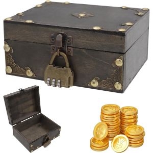 MEVRONISSHOP-Vintage Mini Coffre Tresor Boite Bois Avec Serrure &agrave; Combinaison, Petit Coffre Au Tr&eacute;sor Vintage Pirate, Boite Avec Cadenas, Bo&icirc;te &agrave; Bijoux, CAu Tr&eacute;sor Pour Offre Anniversaire d'Enfant, - Neuf