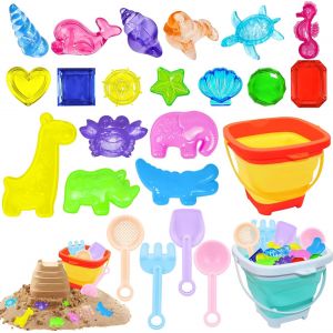 KAL-24 Pcs Jouet De Plage Enfant, Bac A Sable Avec 2 Seau Plage Pliables, 4 Pelles À Sable, 14 Moules À Sable, Jouet De Plage De Voyage Pour Enfants Pour Garçons Et Filles De 1, 2, 3, 4 Et 5 Ans - Neuf