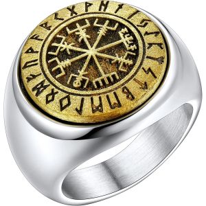 Trahoo-Bague Vegvisir Homme,Chevalière Viking Valknut Et Boussole Avec Rune Nordique Acier Inoxydable/Or/Noir Taille 54-72 Bijoux Anti Stress Gothique Motard Biker (Boîte Cadeau) - Neuf