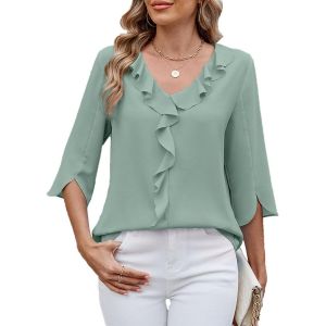 Utigh-Femmes Chemisier Tunique Élégant Col En V 3/4 Manches Mousseline Blouse Couleur Unie Travail T-Shirt Casual Tops - Neuf