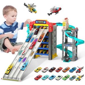 Circuit Voiture Enfants 3+ Ans - Piste de Course 5 &Eacute;tages avec Garage, 12 Voitures, 2 H&eacute;licopt&egrave;res, Station-Service et Pompes. - Neuf