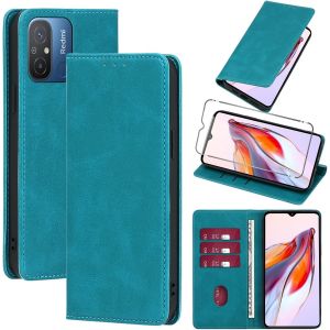 Kal-Coque Cuir Pour Xiaomi Redmi 12c 6.71"" Avec 1 Verre Trempé Etui À Rabat En Pu Porte-Cartes Portefeuille Support Flip Housse Magnétique Antichoc Anti-Rayures Case,Bleu Clair - Neuf