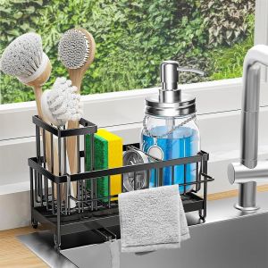 Eryi-Porte-Éponge Pour Évier De Cuisine Porte-Éponge Pour Évier, Support En Acier Inoxydable 304 Pour Évier, Plan De Travail Avec Plateau De Drainage Amovible Avec Drainage Par Dérivation. (Noir-A) - Neuf